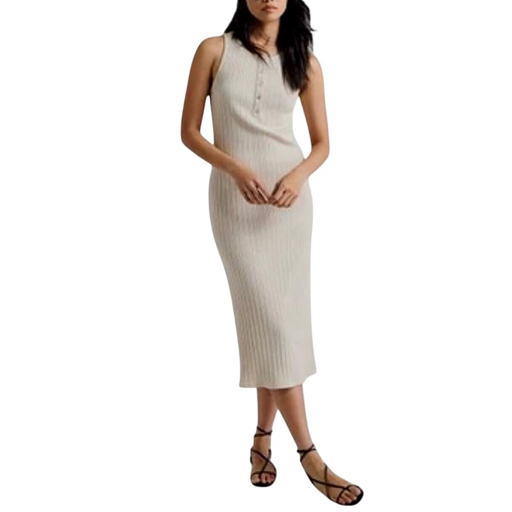 RW&CO Henley Ribbed Midi Dress XL Beige Henley Button Sleeveless Minimalist